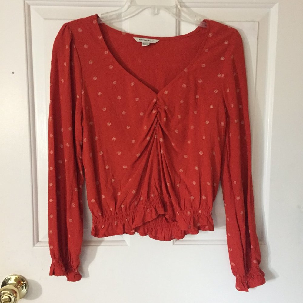 AE Ruched Long-Sleeve V-Neck Blouse